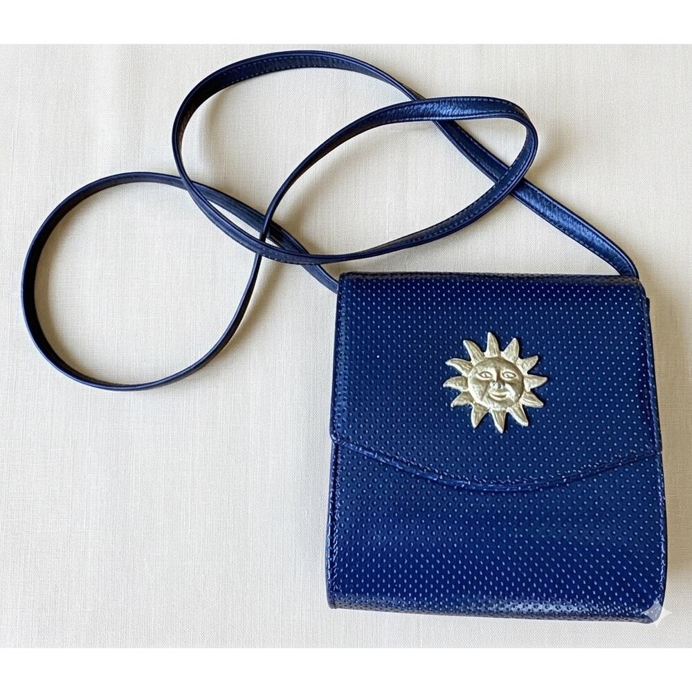 Navy Leather Sun Face Crossbody Bag Celestial metal Gold Logo whimsigoth vintage